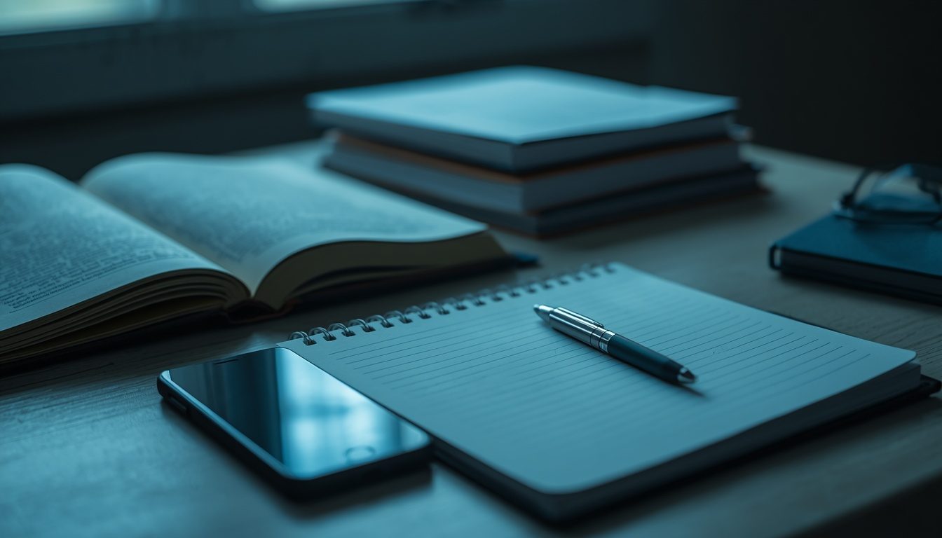 bureau met boeken, schrift en telefoon omgekeerd