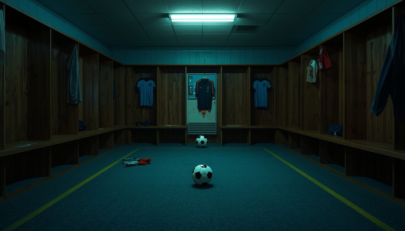 lege kleedkamer van een voetbalclub met ballen op de vloer