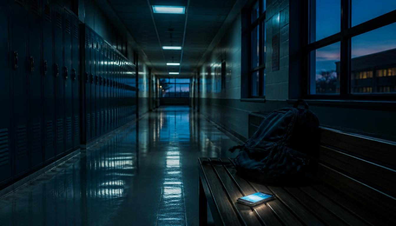 lege schoolgang met een rugzak en een oplichtende telefoon op een bank