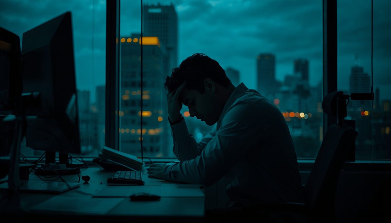 man aan een bureau in een donker kantoor met zijn hoofd in zijn hand