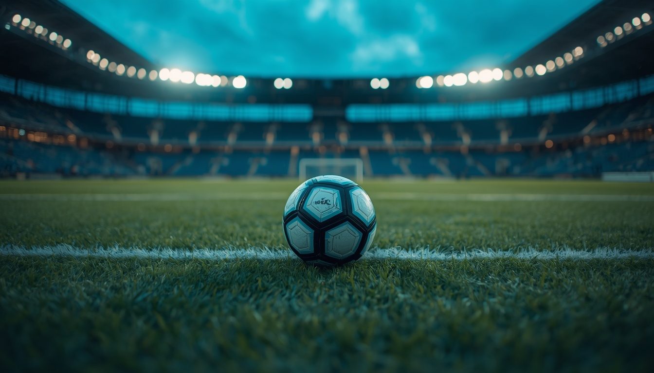 voetbal op de middenstip in een leeg stadion